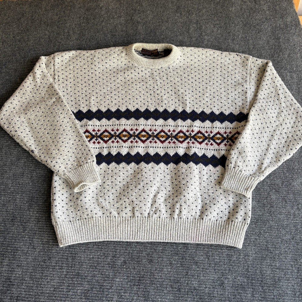 Vintage Authentic Issue Mens XL Fair Isle Cotton Sweater Made in USA Cream 90s